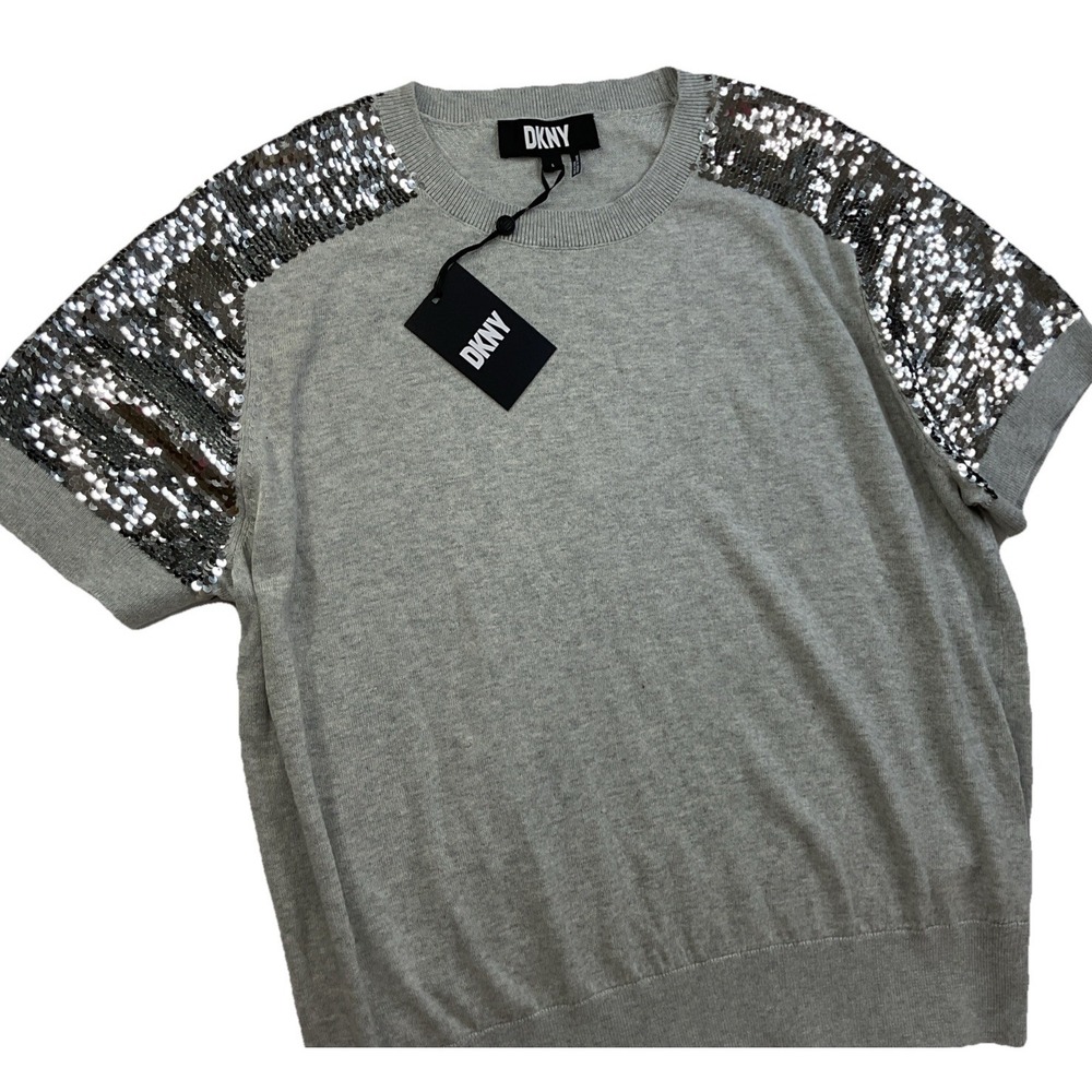 DKNY Sweater Women Sz L Short Sleeve Sequins Pullover Gray Lightweight NWT $69